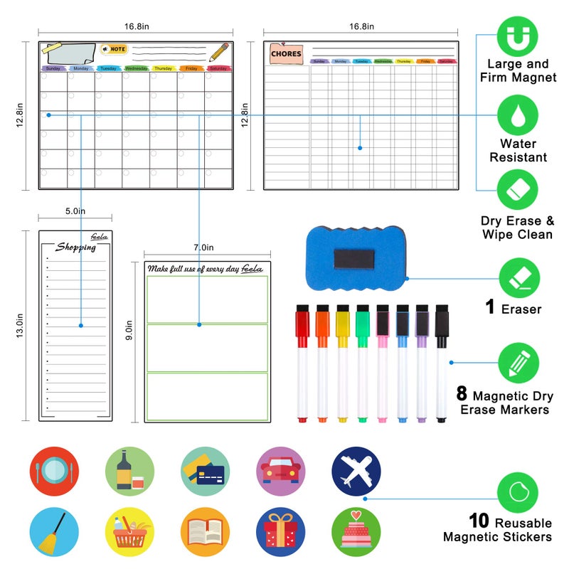Feela Magnetic Dry Erase 2025 Calendar Kit, 4 Pack Feela Magnetic Whiteboard Calendar for Refrigerator Includes 2 Large 17''x13'' Monthly Chalkboard 1 Grocery List 1 DIY Note for Home Office - Image 2